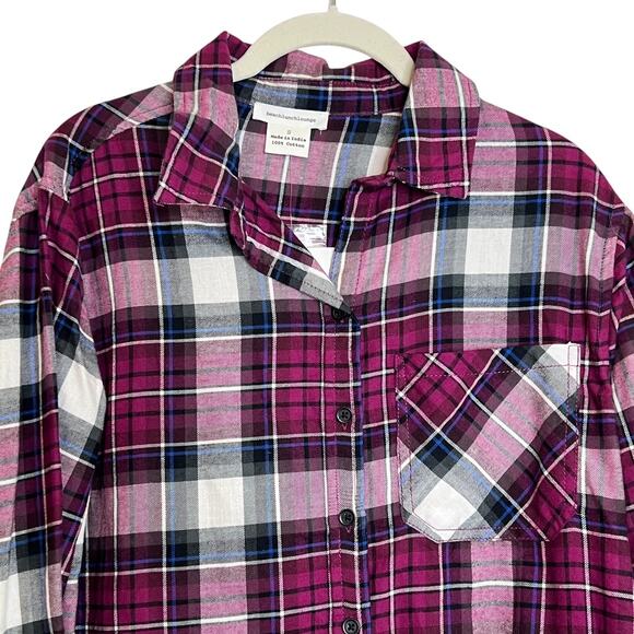 Beachlunchlounge Womens Flannel Shirt Small Pink Plaid Long Sleeve Cotton - Picture 2 of 7